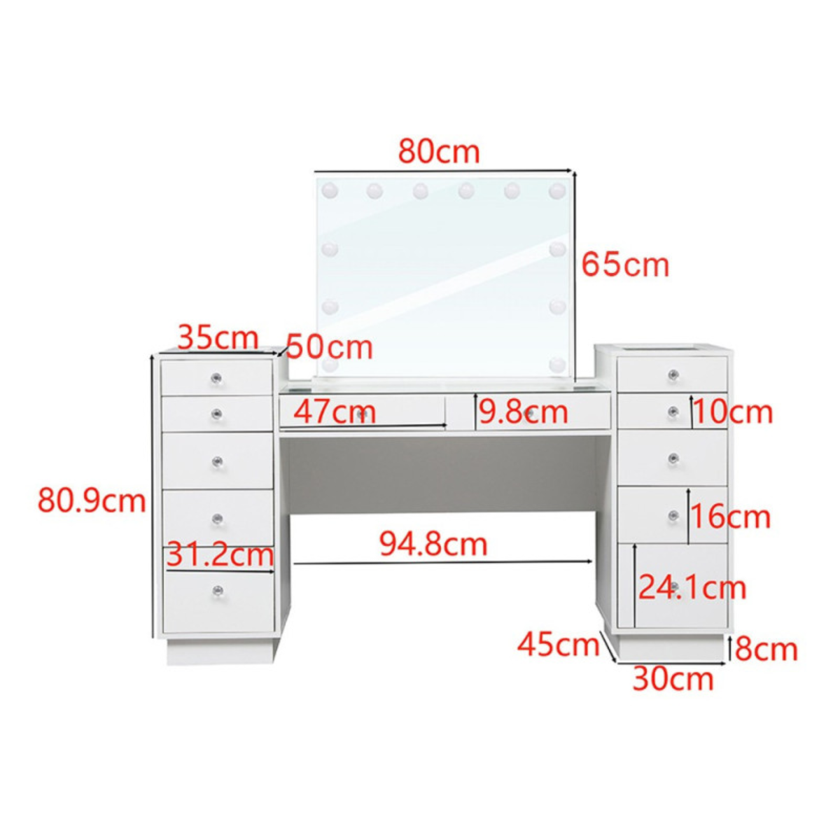 Toucador de maquilhagem Hollywood Luxo 165 cm com espelho LED, tampo de vidro e 12 gavetas