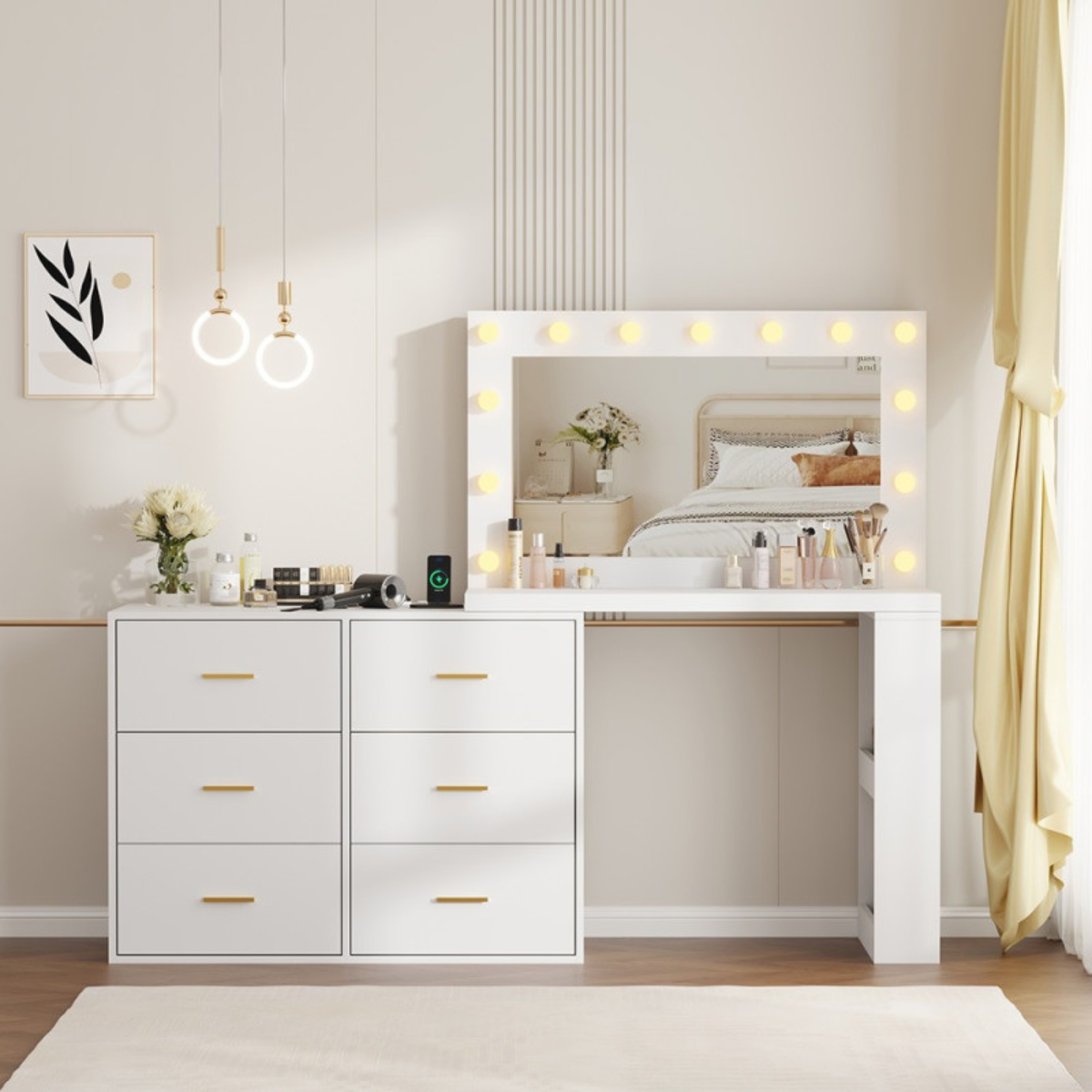 Conjunto de maquilhagem XL branco com espelho LED Hollywood para salão de beleza
