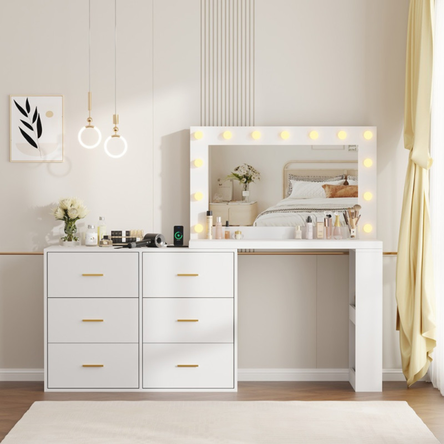 Conjunto de maquilhagem XL branco com espelho LED Hollywood para salão de beleza
