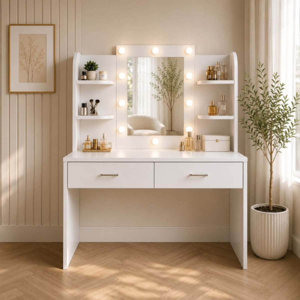 Toucador de maquilhagem Hollywood com espelho LED, prateleiras laterais e gavetas