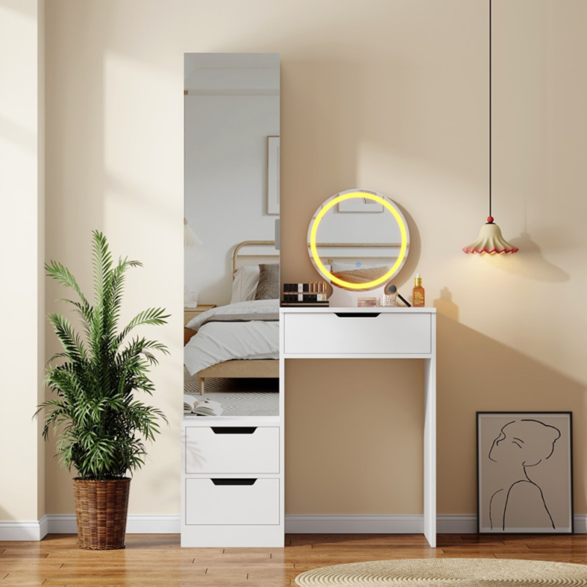 Toucador de maquilhagem de luxo 160 cm com espelho duplo LED e gavetas para salão