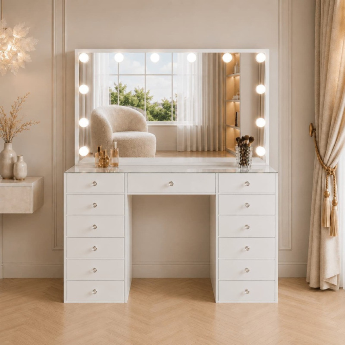 Mesa Toucador de Maquilhagem Branca com Tampo de Vidro Transparente e Espelho LED Sem Moldura Hollywood 120cm