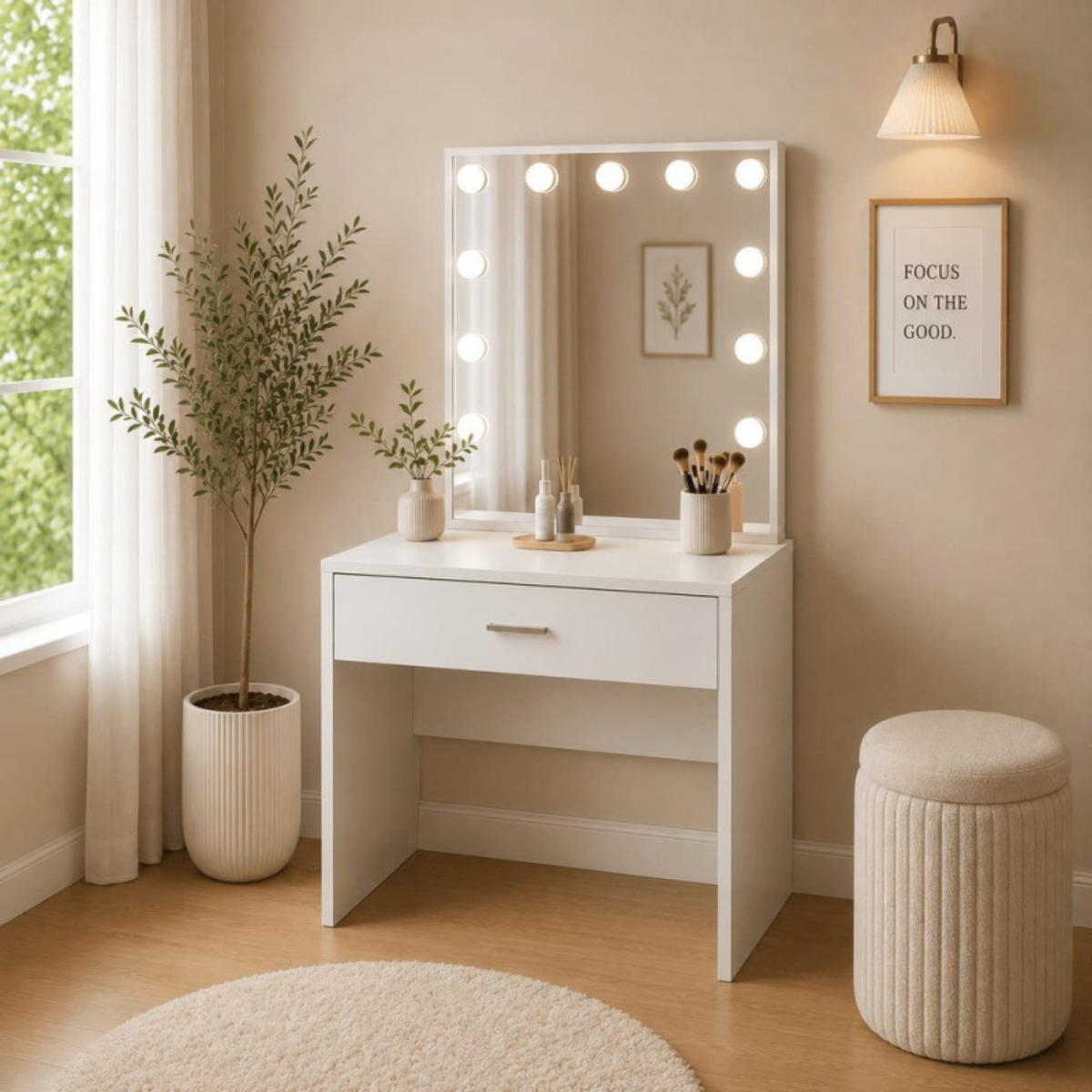 Toucador compacto branco 70 cm com luzes LED estilo Hollywood e 1 gaveta