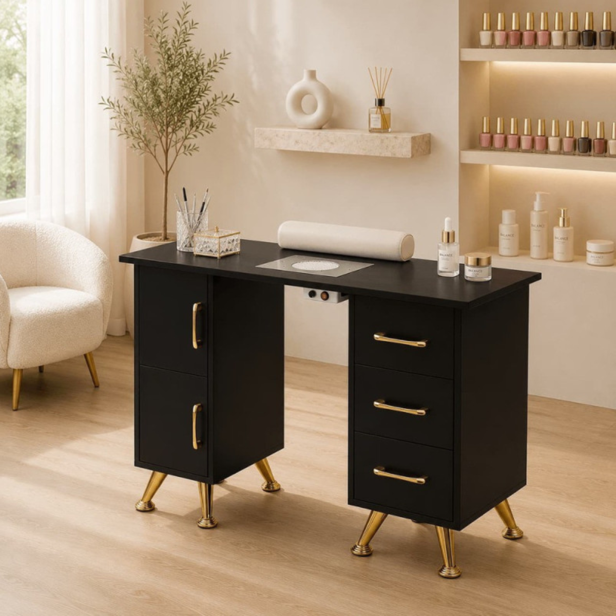 Mesa de manicure profissional 120 cm preto e dourado com aspirador de pó para unhas
