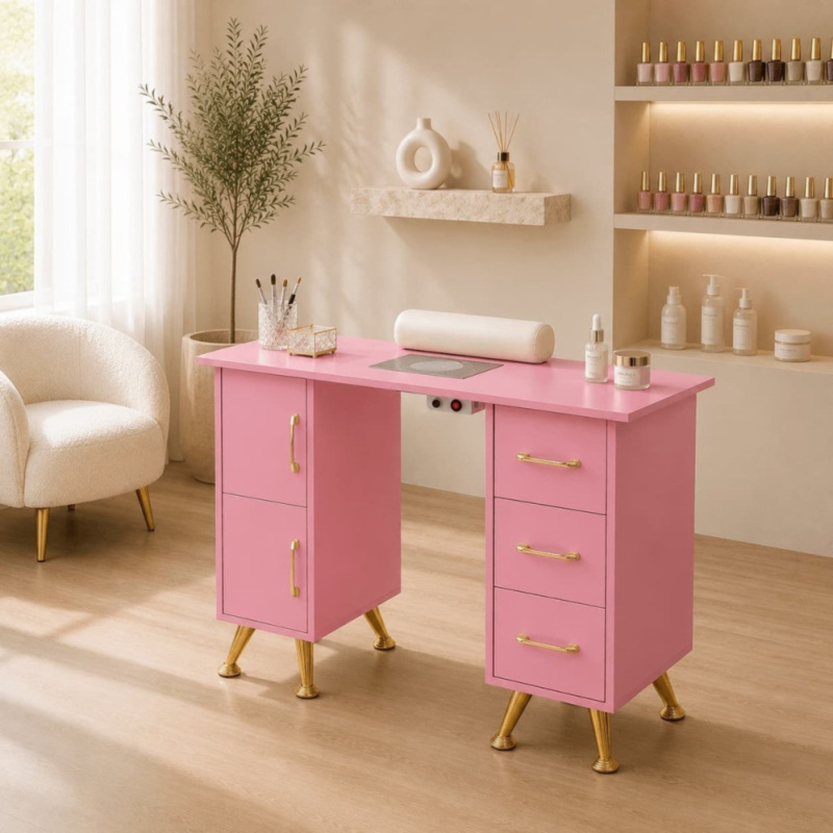 Mesa de manicure profissional 120 cm rosa e dourado com aspirador de pó para unhas