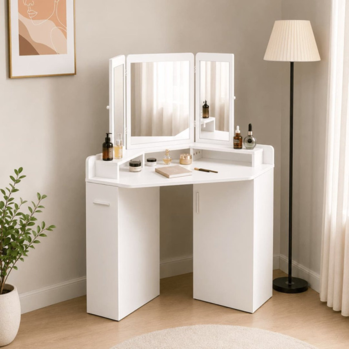 Toucador de canto com espelho tríptico branco, penteadeira para quarto e salão de beleza