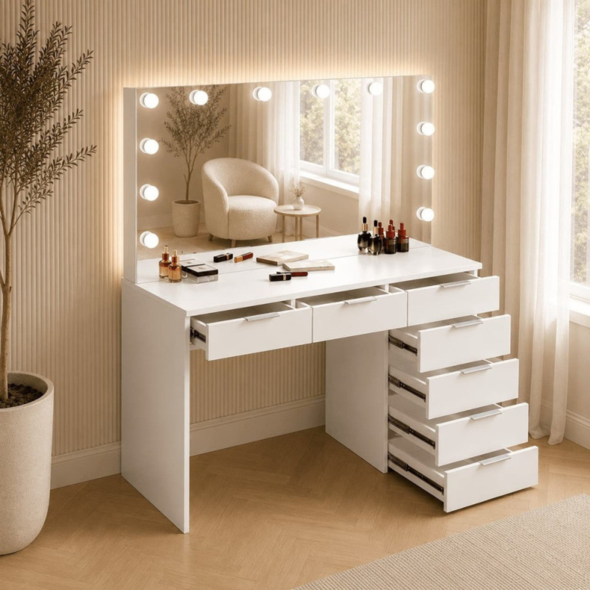 Toucador de Maquilhagem com Espelho Hollywood LED e Gavetas