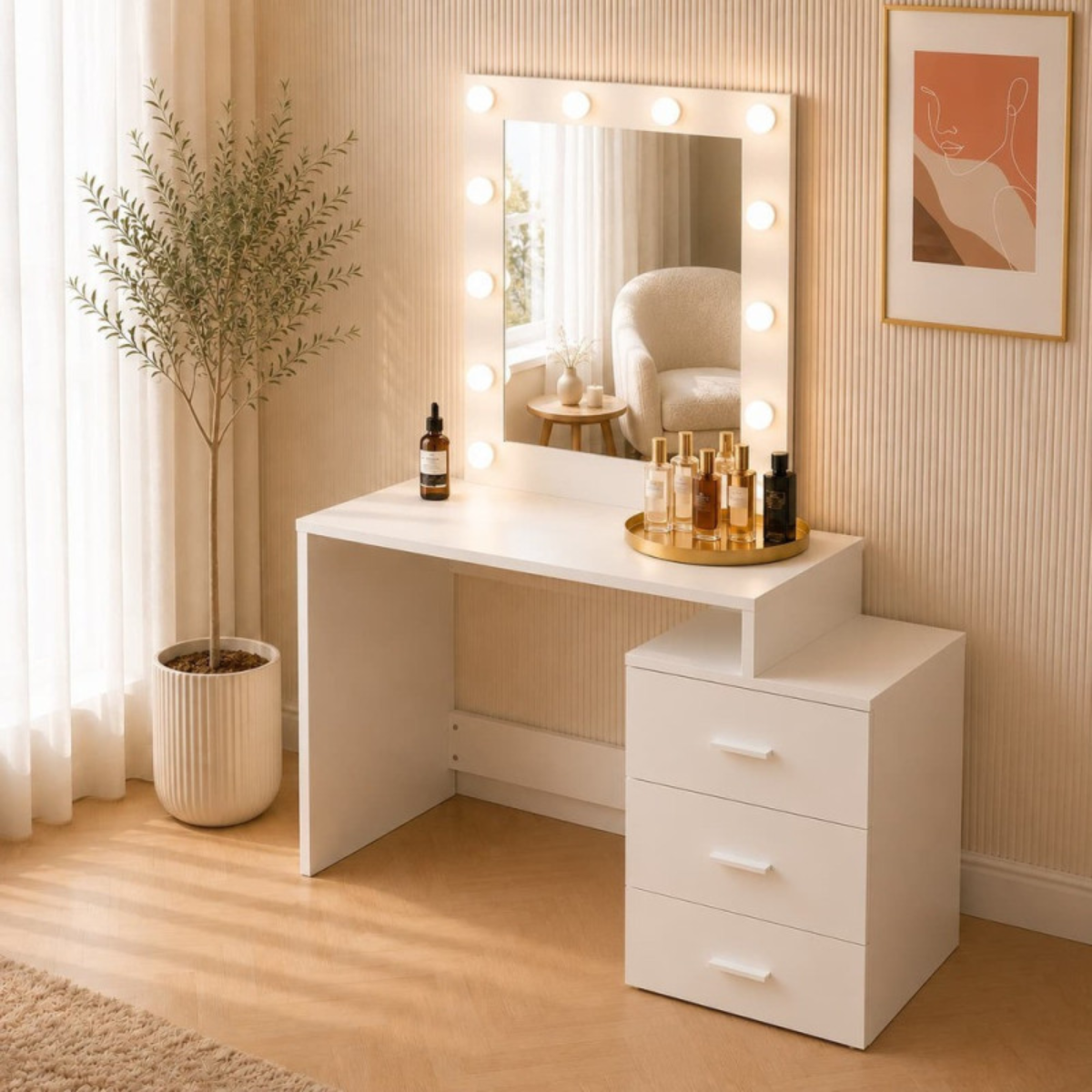 Toucador de maquilhagem branco 95 cm com espelho Hollywood LED e 3 gavetas de arrumação