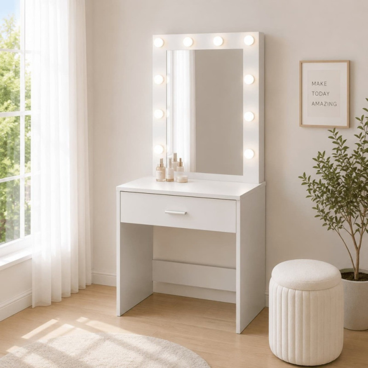 Toucador de maquilhagem Hollywood 70 cm com espelho LED e gaveta espaçosa, design moderno