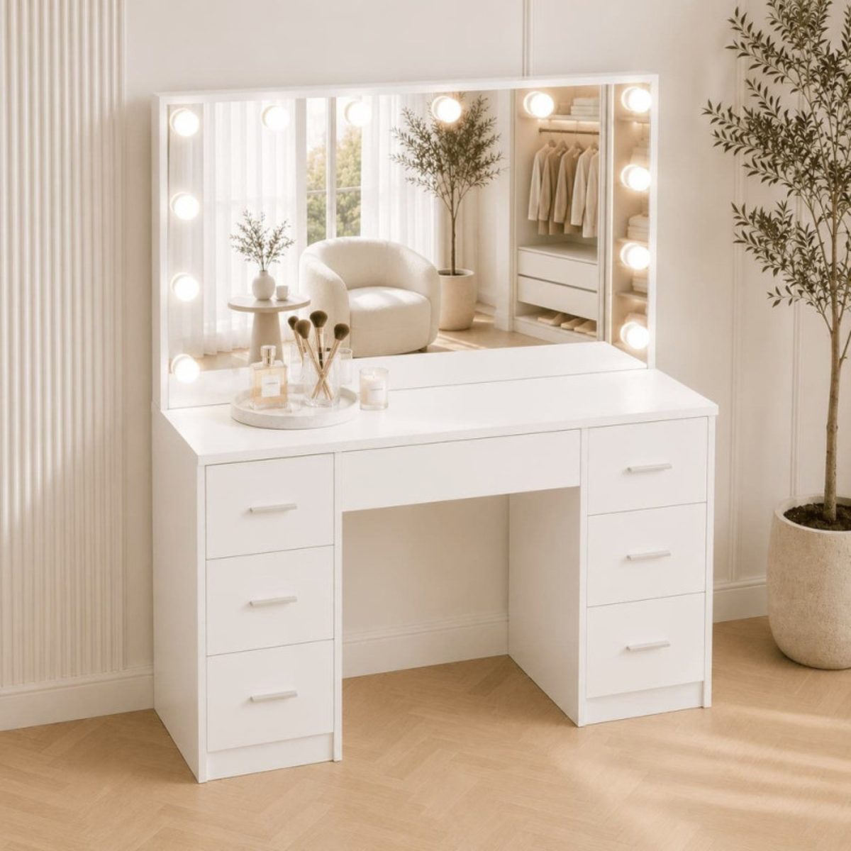 Toucador de Maquilhagem Hollywood 118 cm com Espelho Sem Moldura LED, 6 Gavetas– Branco