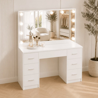 Toucador de Maquilhagem Hollywood 118 cm com Espelho Sem Moldura LED, 6 Gavetas– Branco