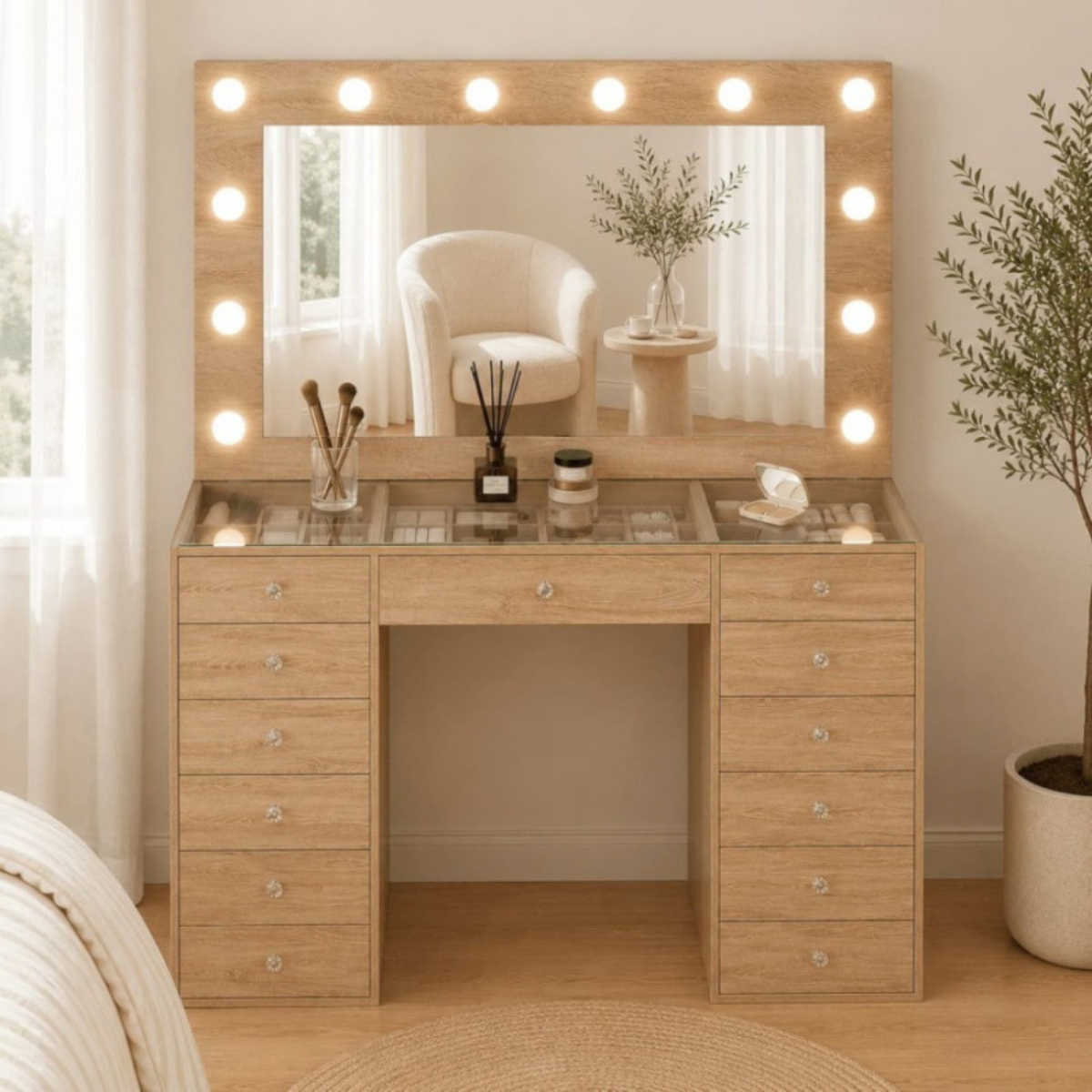 Toucador Maquilhagem Hollywood 120cm LED 13 Gavetas / Hollywood Makeup Vanity Table 120cm with Clear Glass Top Full Frame LED Mirror 13 Spacious Drawers
