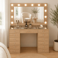 Toucador Maquilhagem Hollywood 120cm LED 13 Gavetas / Hollywood Makeup Vanity Table 120cm with Clear Glass Top Full Frame LED Mirror 13 Spacious Drawers