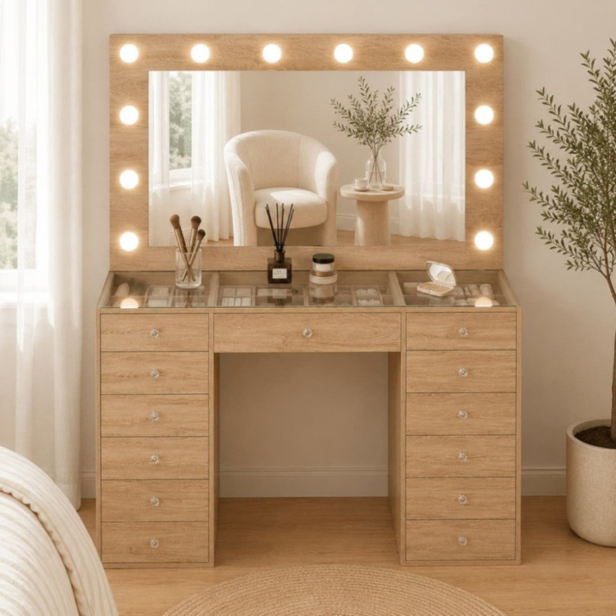 Toucador Maquilhagem Hollywood 120cm LED 13 Gavetas / Hollywood Makeup Vanity Table 120cm with Clear Glass Top Full Frame LED Mirror 13 Spacious Drawers