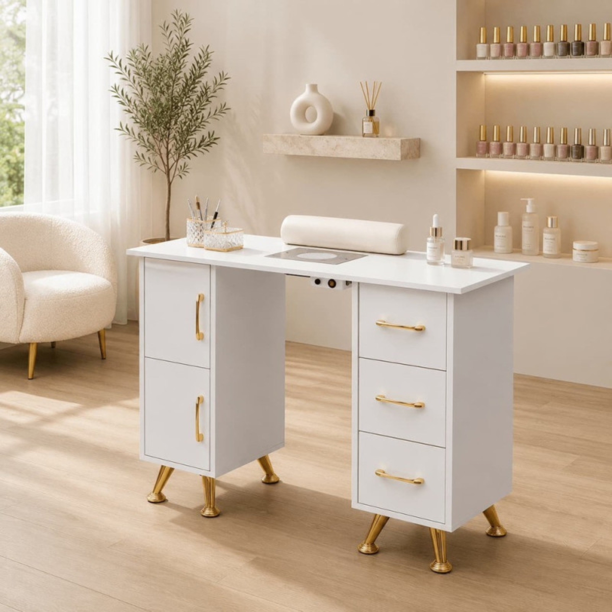 Mesa de manicure profissional 120 cm branco e dourado com aspirador de pó para unhas