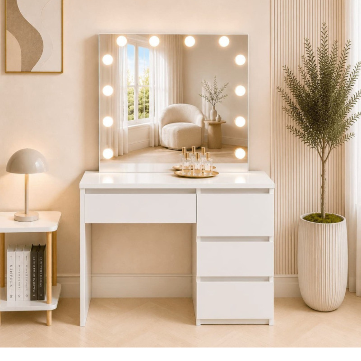 Toucador de maquilhagem Hollywood branco 94 cm com espelho LED emoldurado e 4 gavetas