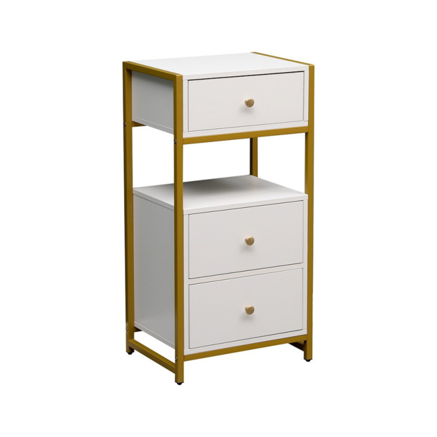 Mesa auxiliar organizadora branco e dourado com 3 gavetas para quarto, casa de banho e salão