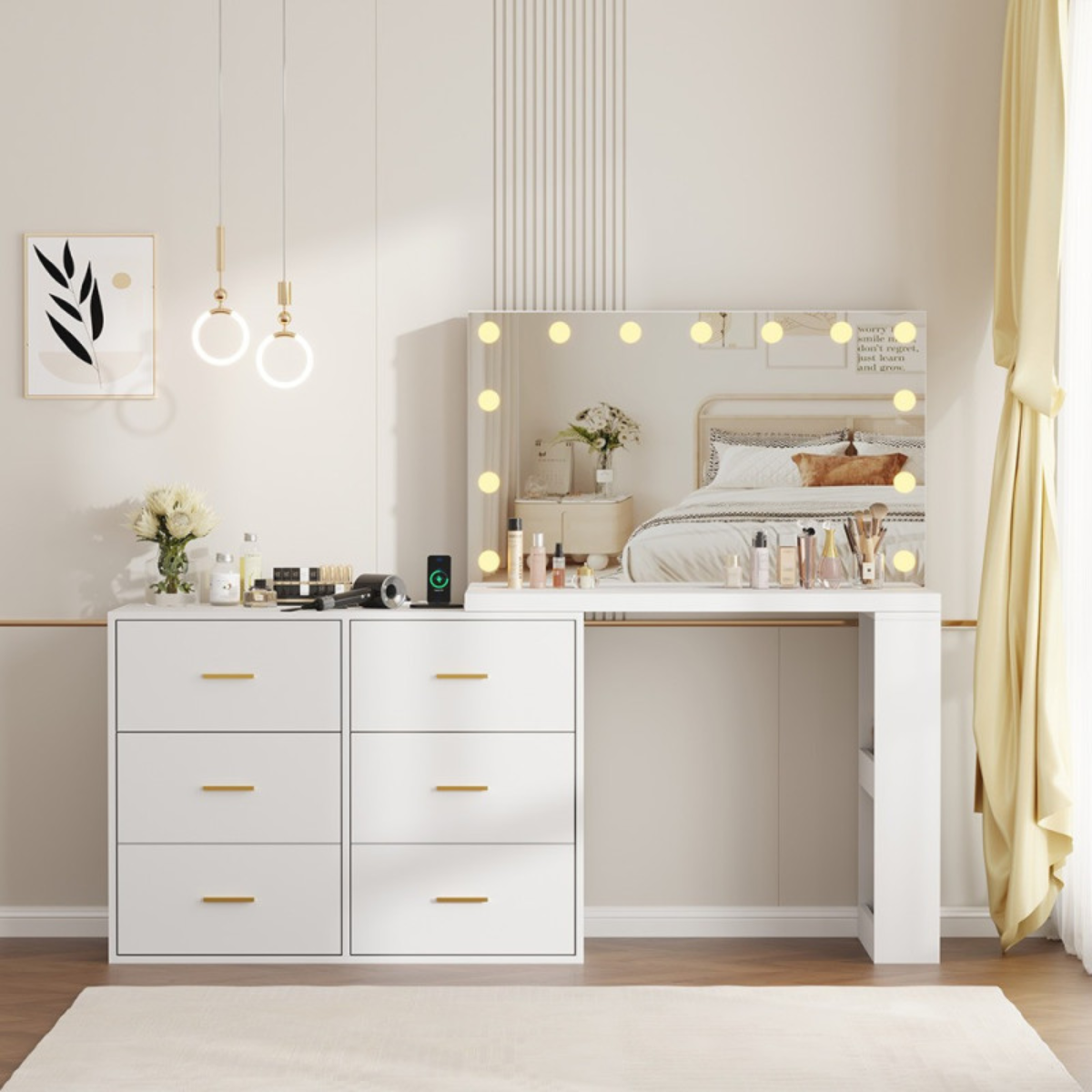 Conjunto de maquilhagem XL branco com espelho LED Hollywood e gavetas iluminadas