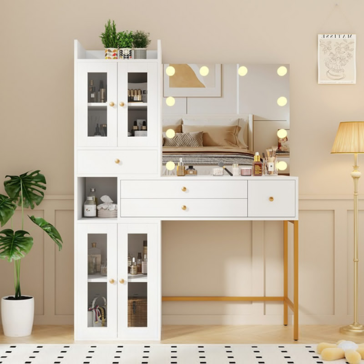Conjunto de maquilhagem branco com espelho LED Hollywood de corpo inteiro para salão