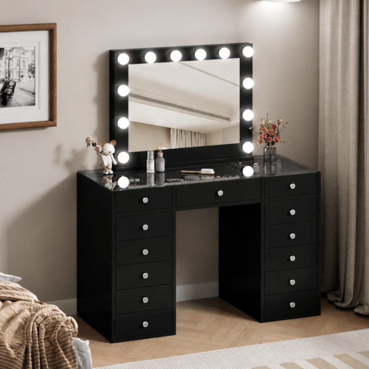 Toucador de Maquilhagem Hollywood 160 cm com Espelho LED Emoldurado, Espelho Parcial com Arrumação e Banco – Preto