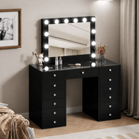 Toucador de Maquilhagem Hollywood 160 cm com Espelho LED Emoldurado, Espelho Parcial com Arrumação e Banco – Preto