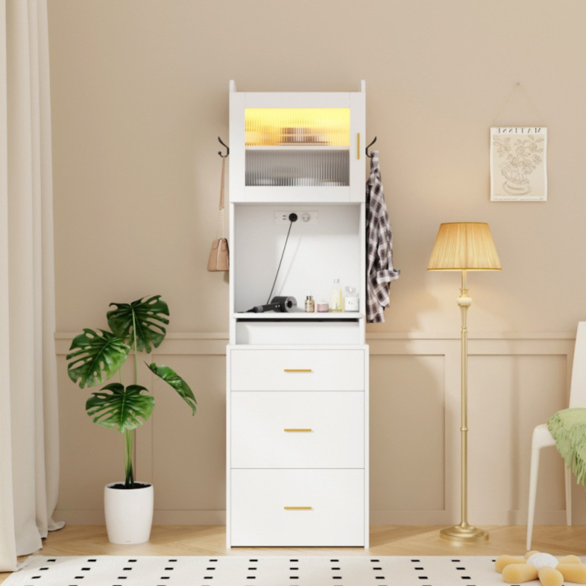 Toucador de maquilhagem de luxo com espelho LED e arrumação para salão de beleza
