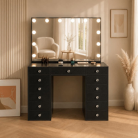Mesa Toucador de Maquilhagem com Tampo de Vidro Transparente e Espelho LED Hollywood 120cm