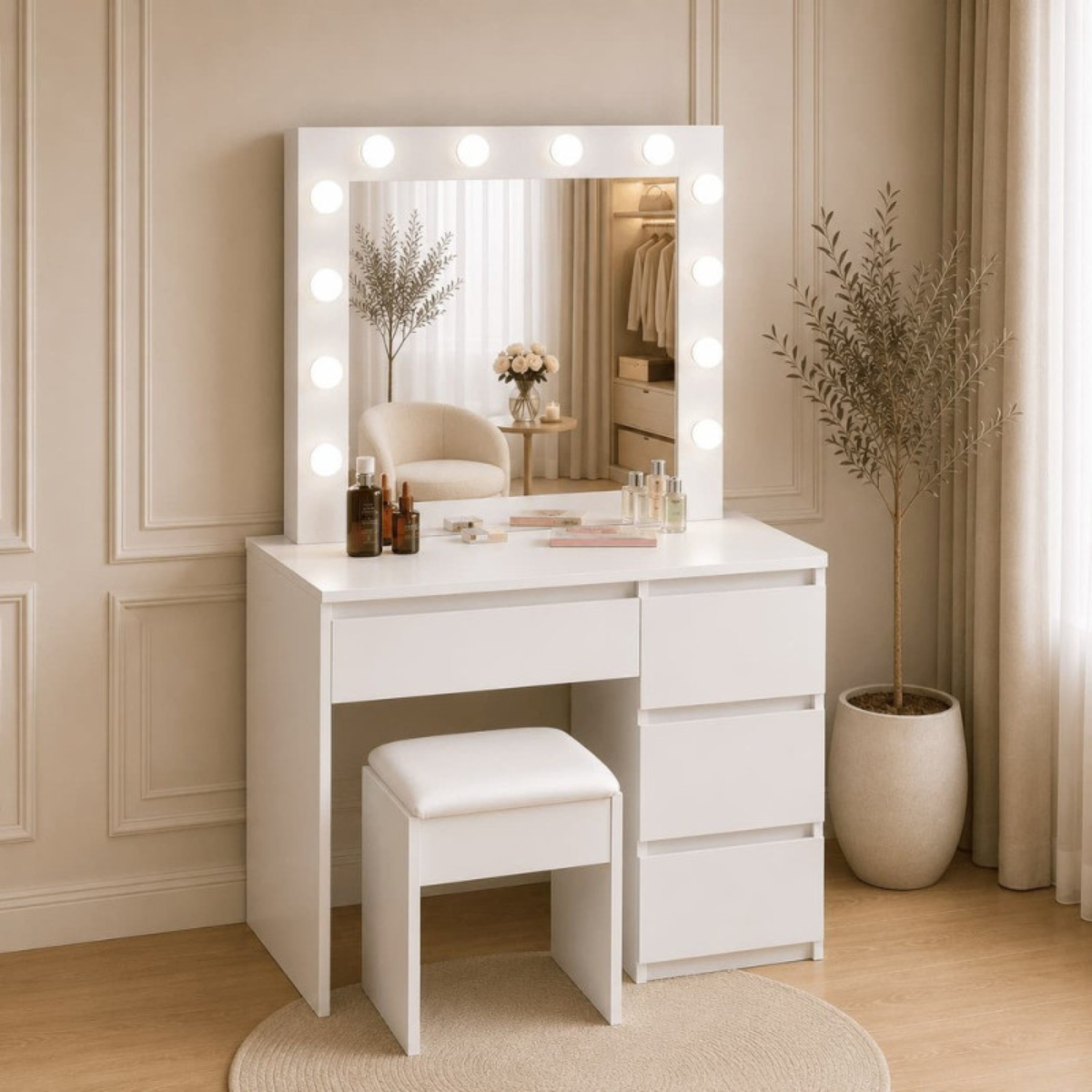 Toucador de Maquilhagem Hollywood 94 cm com Espelho LED Embutido e 4 Gavetas – Branco