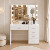 Toucador de Maquilhagem Hollywood 96,5 cm com Espelho LED Regulável e 5 Gavetas – Branco