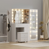 Toucador Hollywood branco 160 cm com espelho LED, espelho de corpo inteiro, arrumação e banco