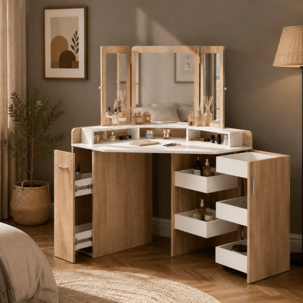 Toucador de canto com espelho tríptico, penteadeira branco natural para quarto e salão