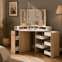 Toucador de canto com espelho tríptico, penteadeira branco natural para quarto e salão