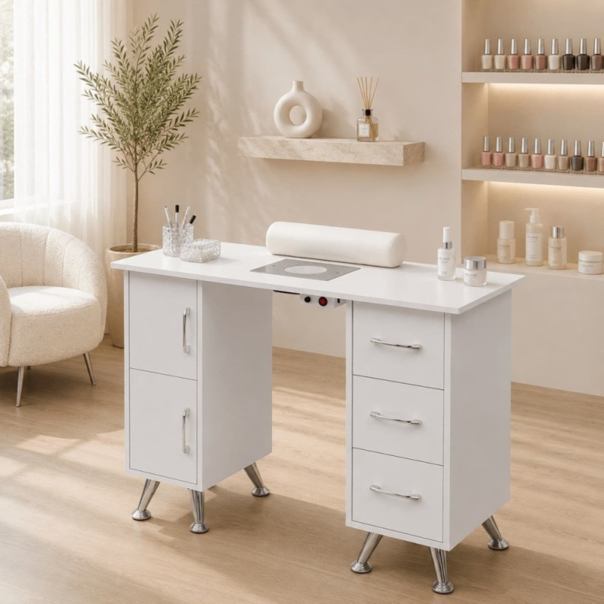 Mesa de manicure profissional 120 cm branco e prata com aspirador de pó para unhas