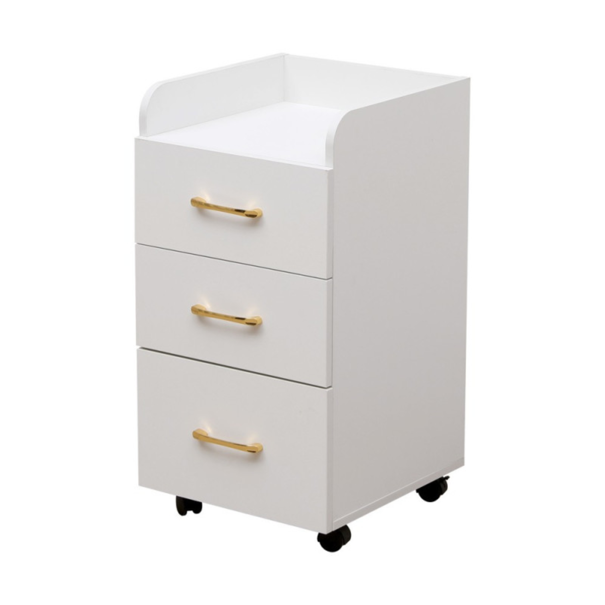 Armário com rodas e 3 gavetas branco e dourado, carrinho organizador para salão e manicure