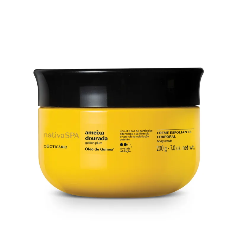 O Boticário Nativa Spa Creme Esfoliante Corporal Ameixa Dourada 200g, embalagem original em fundo branco