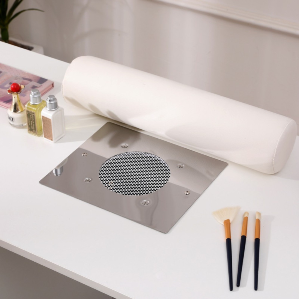 Mesa de manicure profissional 120 cm branco e prata com aspirador de pó para unhas