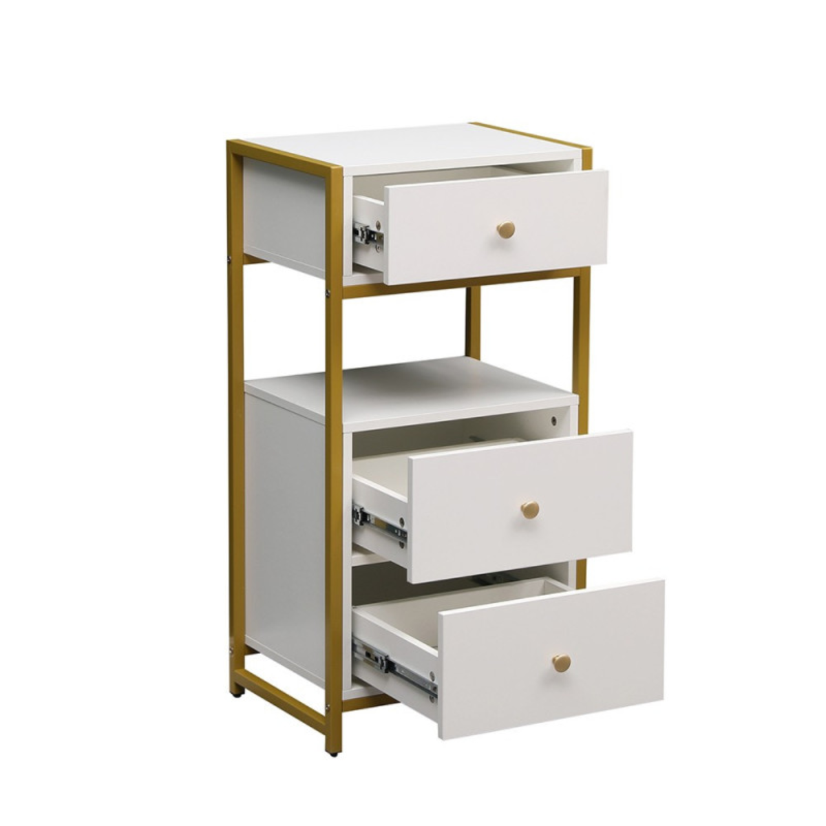 Mesa auxiliar organizadora branco e dourado com 3 gavetas para quarto, casa de banho e salão