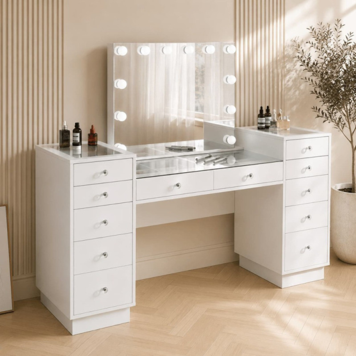 Toucador de maquilhagem Hollywood Luxo 165 cm com espelho LED, tampo de vidro e 12 gavetas