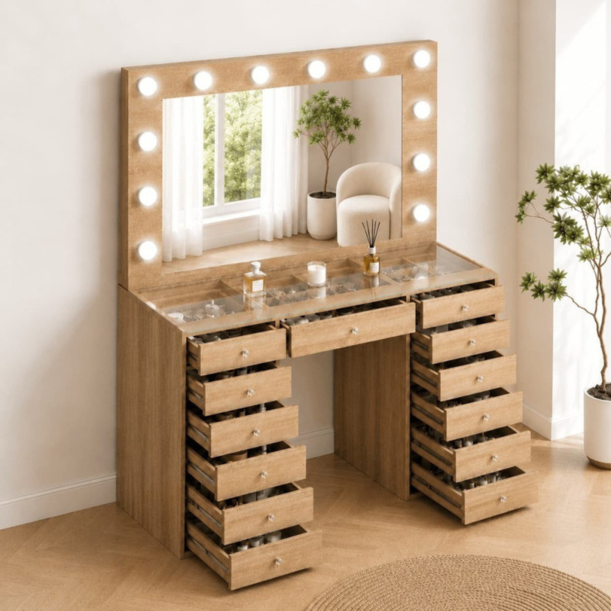 Toucador Maquilhagem Hollywood 120cm LED 13 Gavetas / Hollywood Makeup Vanity Table 120cm with Clear Glass Top Full Frame LED Mirror 13 Spacious Drawers