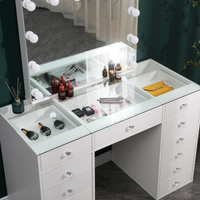 Mesa Toucador de Maquilhagem Branca com Tampo de Vidro Transparente e Espelho Parcial LED Sem Moldura Hollywood 120cm