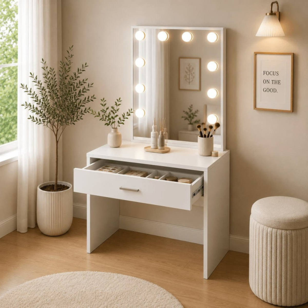 Toucador compacto branco 70 cm com luzes LED estilo Hollywood e 1 gaveta