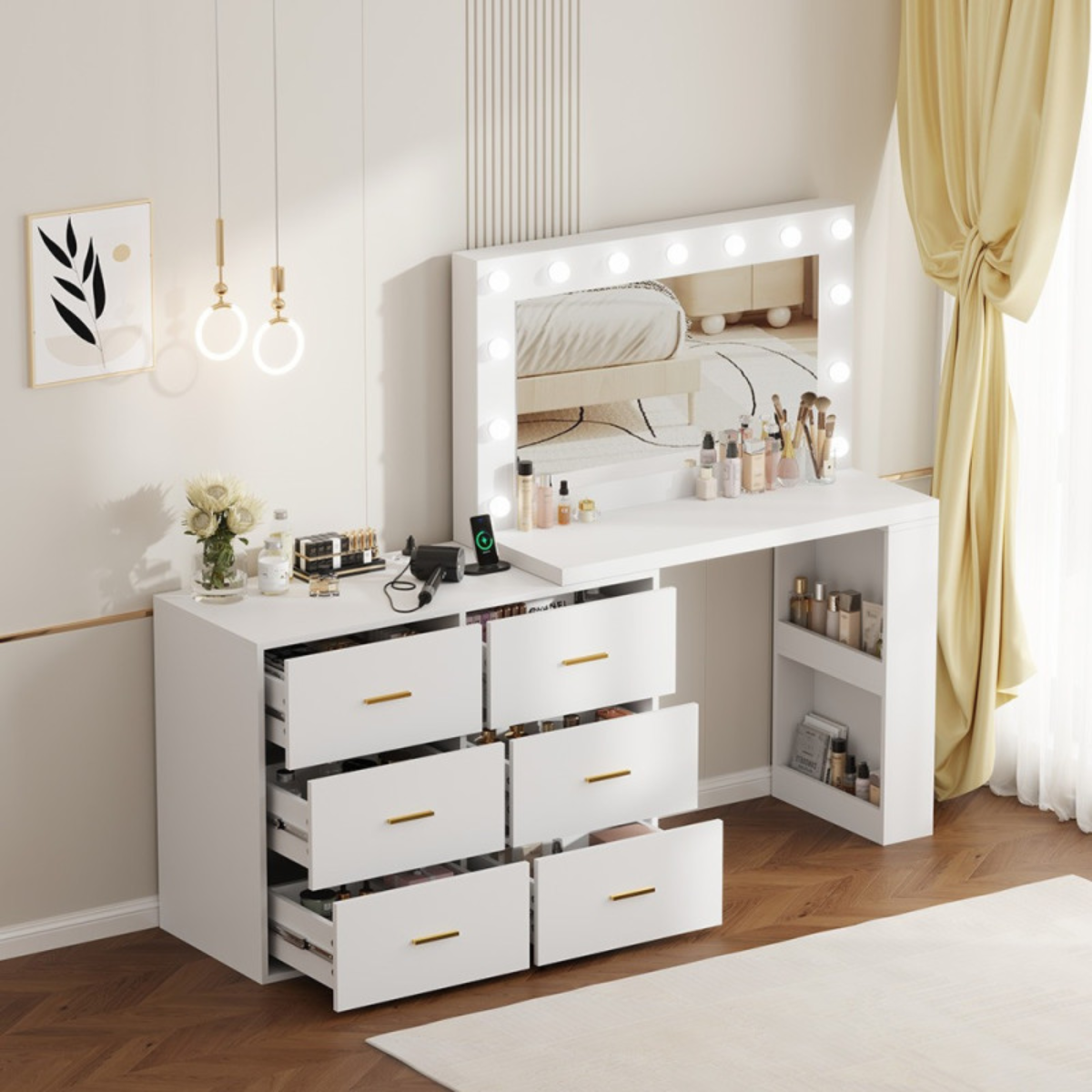 Conjunto de maquilhagem XL branco com espelho LED Hollywood para salão de beleza