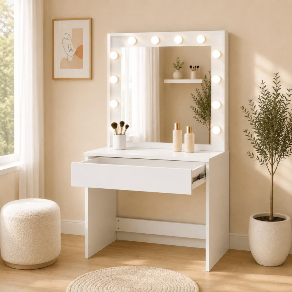 Toucador de maquilhagem Hollywood branco 80 cm com espelho LED e gaveta grande