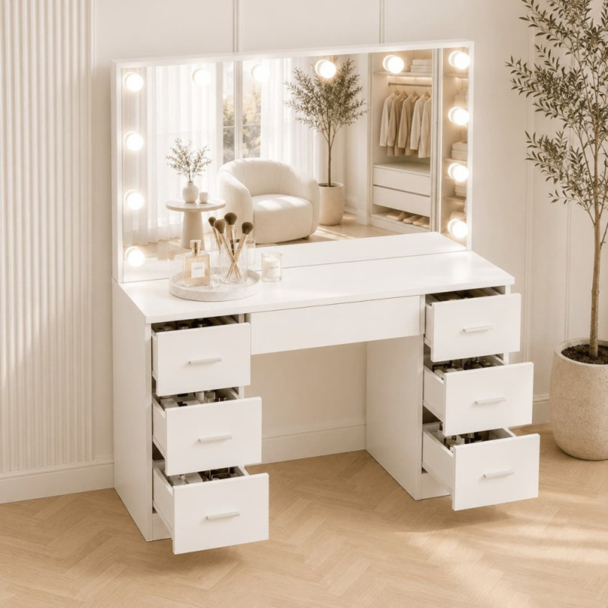 Toucador de Maquilhagem Hollywood 118 cm com Espelho Sem Moldura LED, 6 Gavetas– Branco