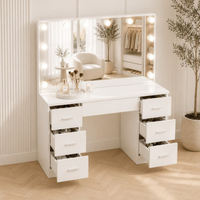 Toucador de Maquilhagem Hollywood 118 cm com Espelho Sem Moldura LED, 6 Gavetas– Branco