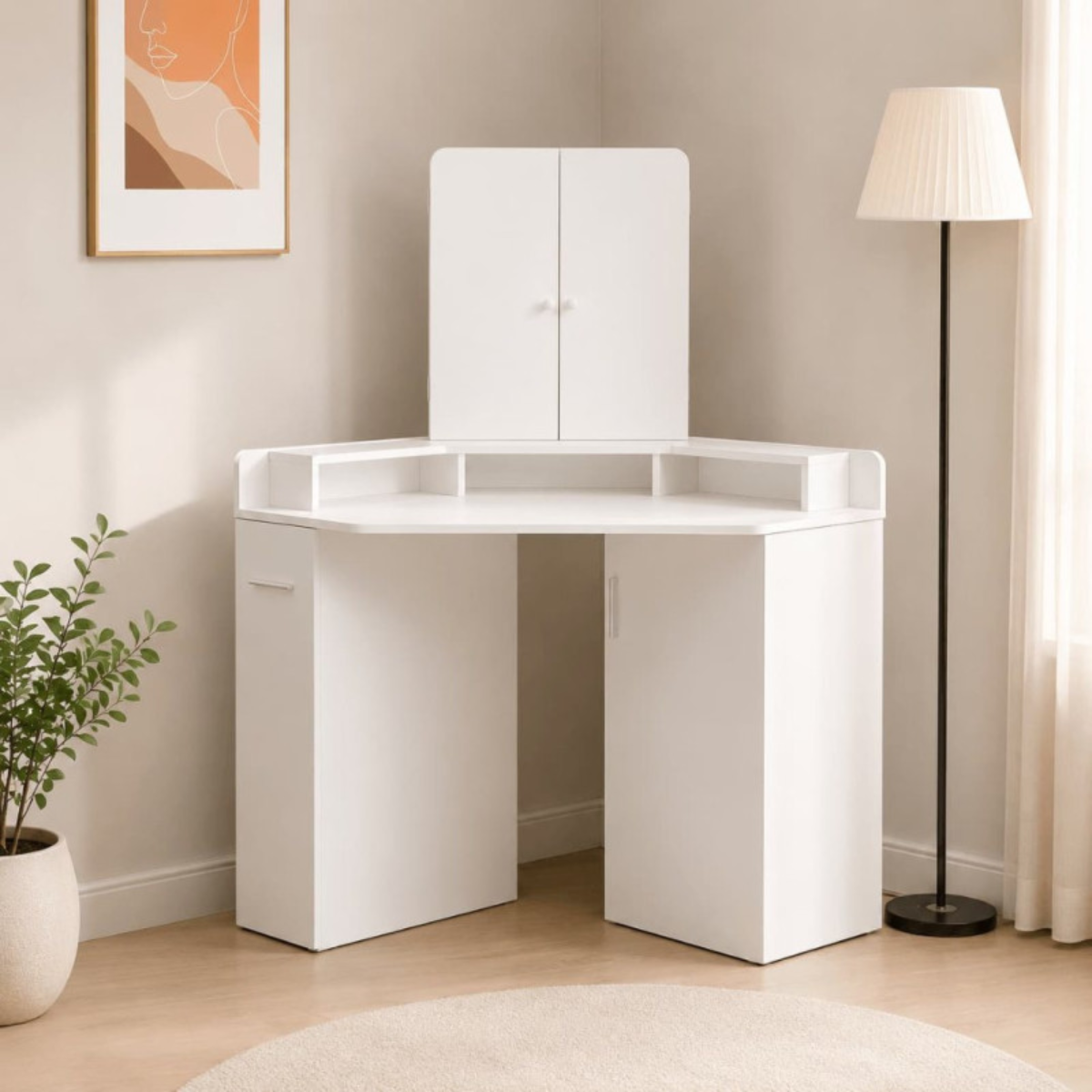 Toucador de canto com espelho tríptico branco, penteadeira para quarto e salão de beleza