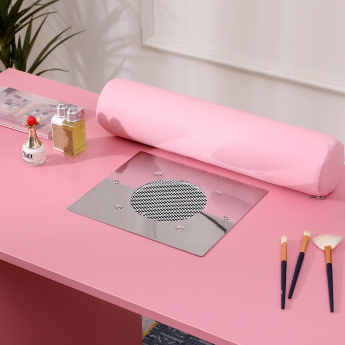 Mesa de manicure profissional 120 cm rosa e dourado com aspirador de pó para unhas