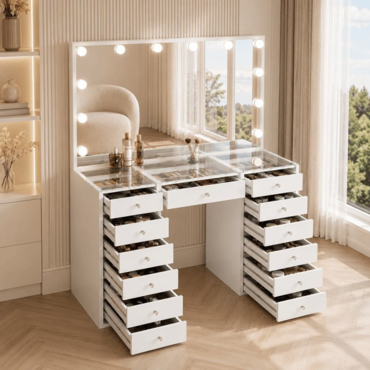 Mesa Toucador de Maquilhagem Branca com Tampo de Vidro Transparente e Espelho LED Sem Moldura Hollywood 120cm