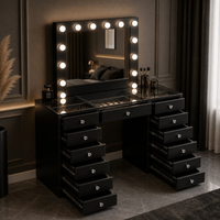 Toucador de Maquilhagem Hollywood 160 cm com Espelho LED Emoldurado, Espelho Parcial com Arrumação e Banco – Preto