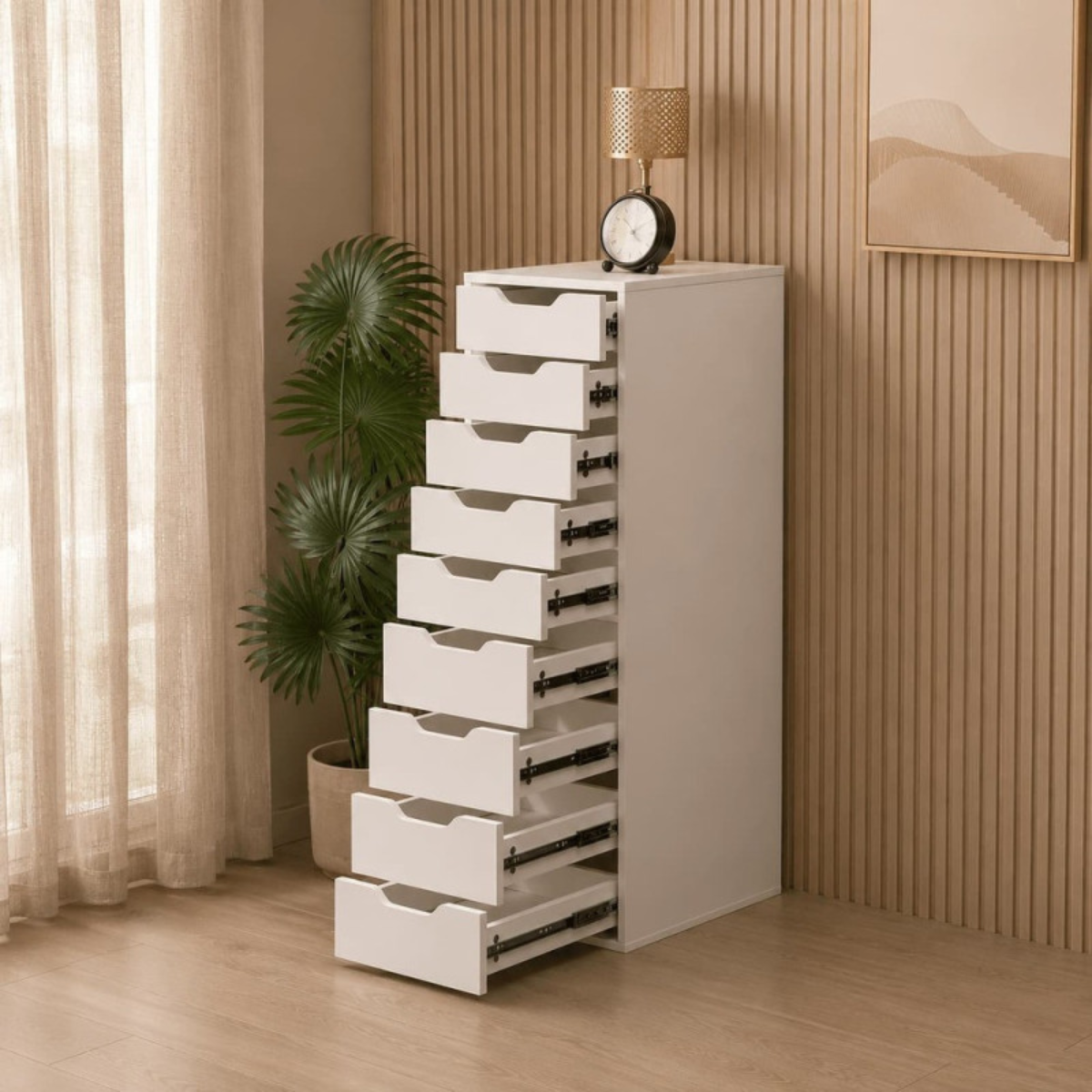 Módulo de arrumação branco com 9 gavetas 116x36x48 cm para casa e salão de beleza
